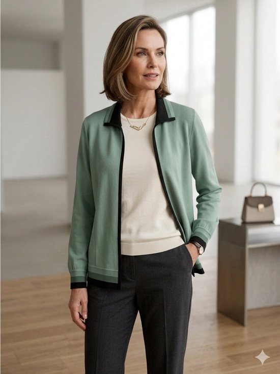 Misook Jackets & Blazers - Misook Sage Green Open-Front Jacket with Black Trim 100% Acrylic Size S